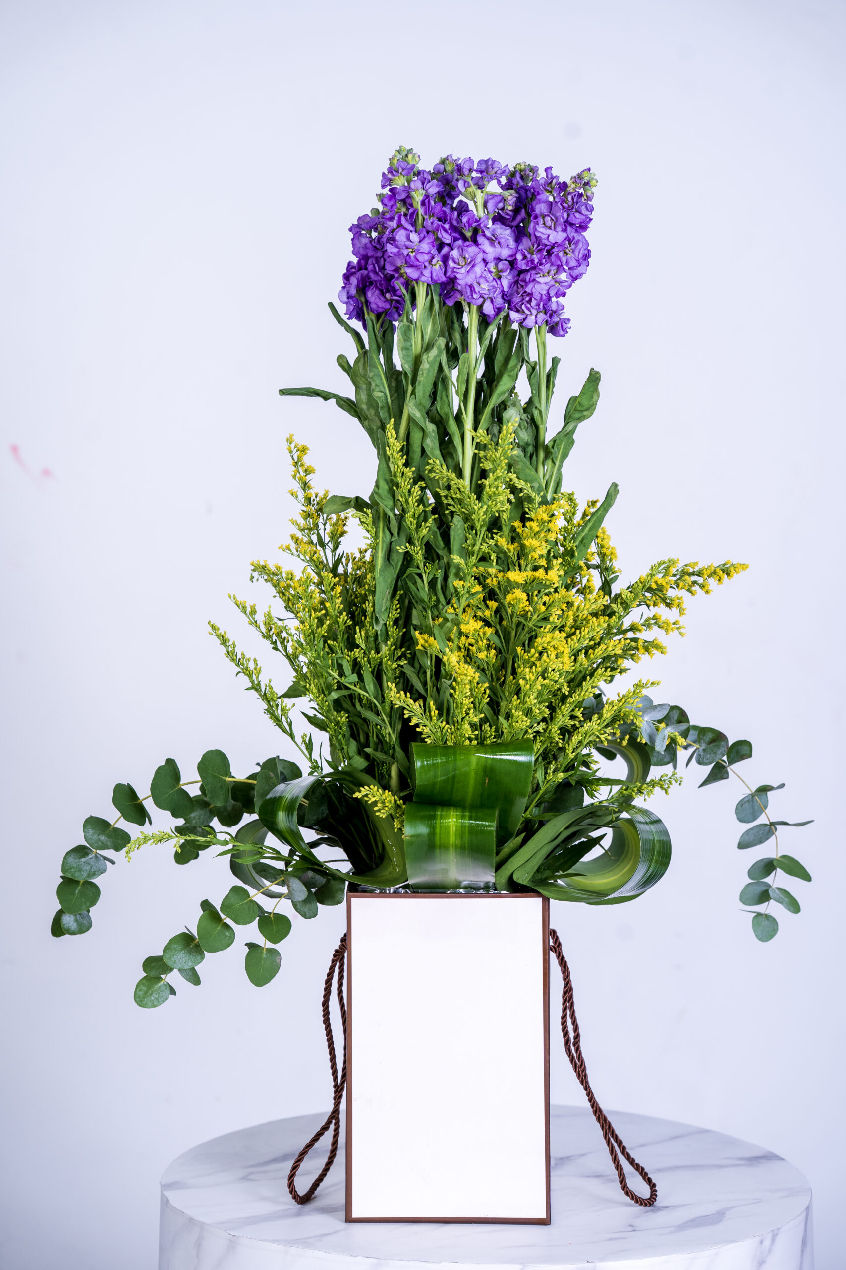 Mathiola dark purple and soledaster.box Arrangement