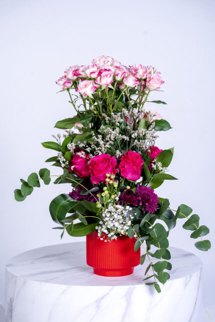 Baby rose pink double coloure and fooshy rose purple Christhymum ceramic pot aragement