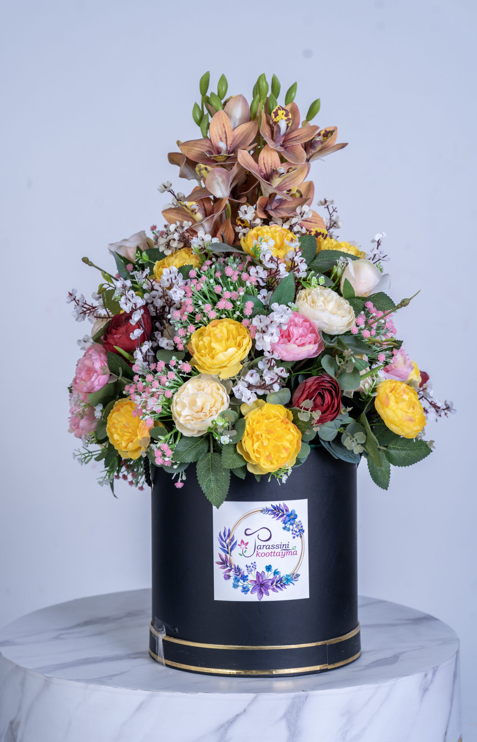 Artificial Peonic Rose, Mixed Colors & Sambedium Round Box Arrangement