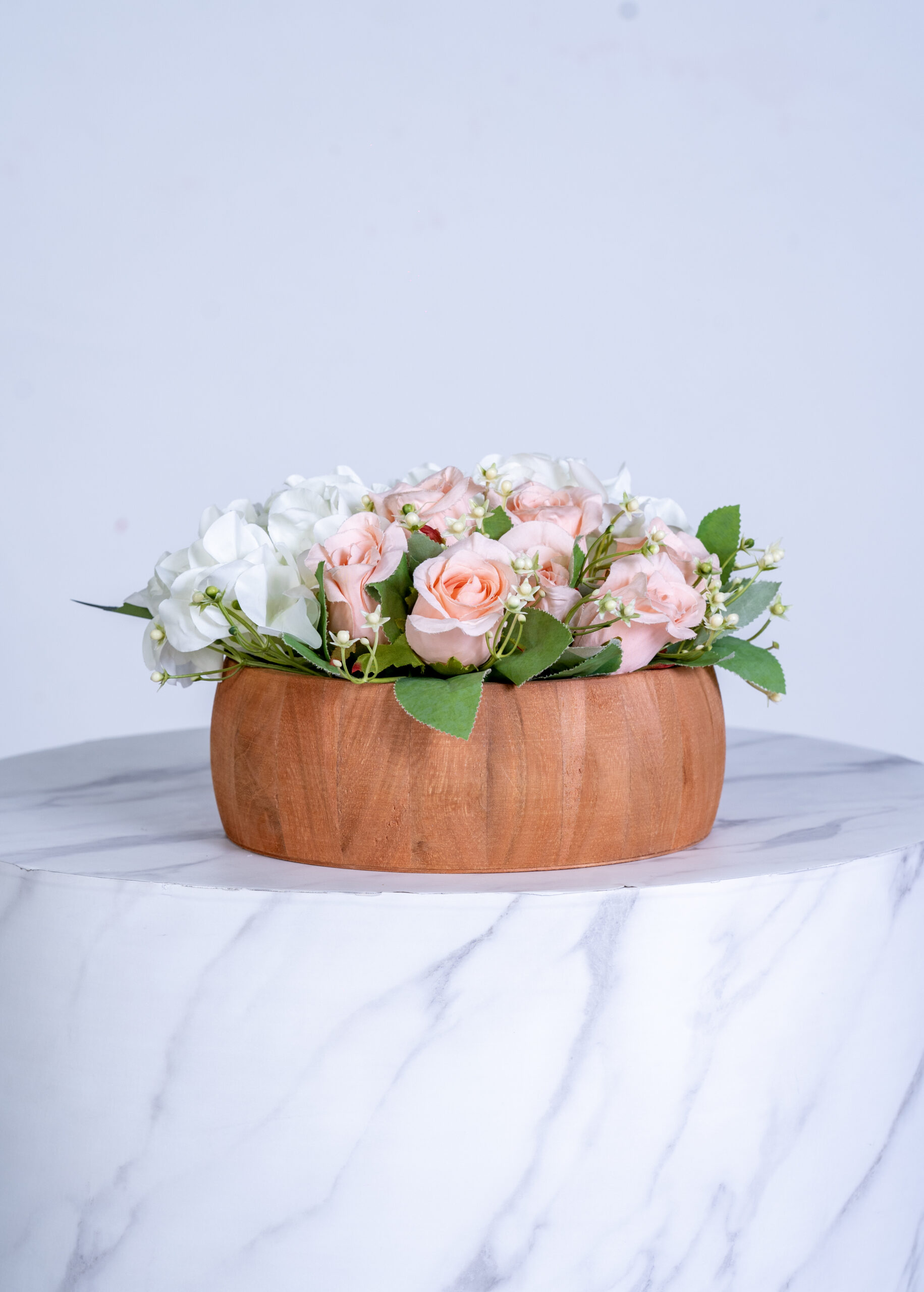 Pink Rose & White Hydrangea Wooden Pot